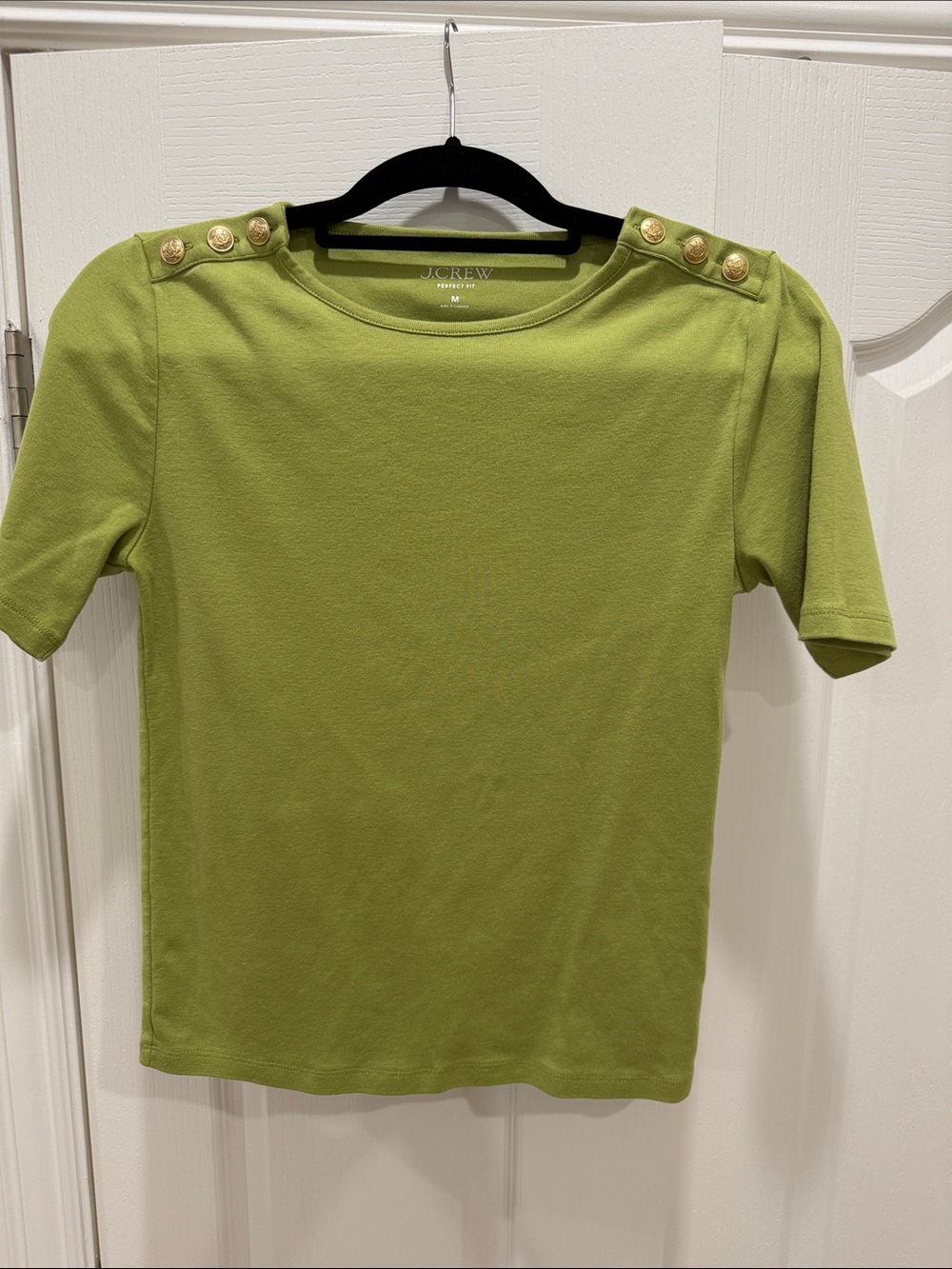 J. Crew Lime Green Short Sleeve Knit Top with Gold Shoulder Buttons